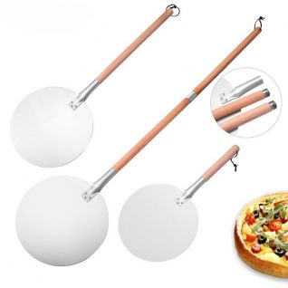 Aluminum pizza spatula with long two-section wooden handle that can be rounded